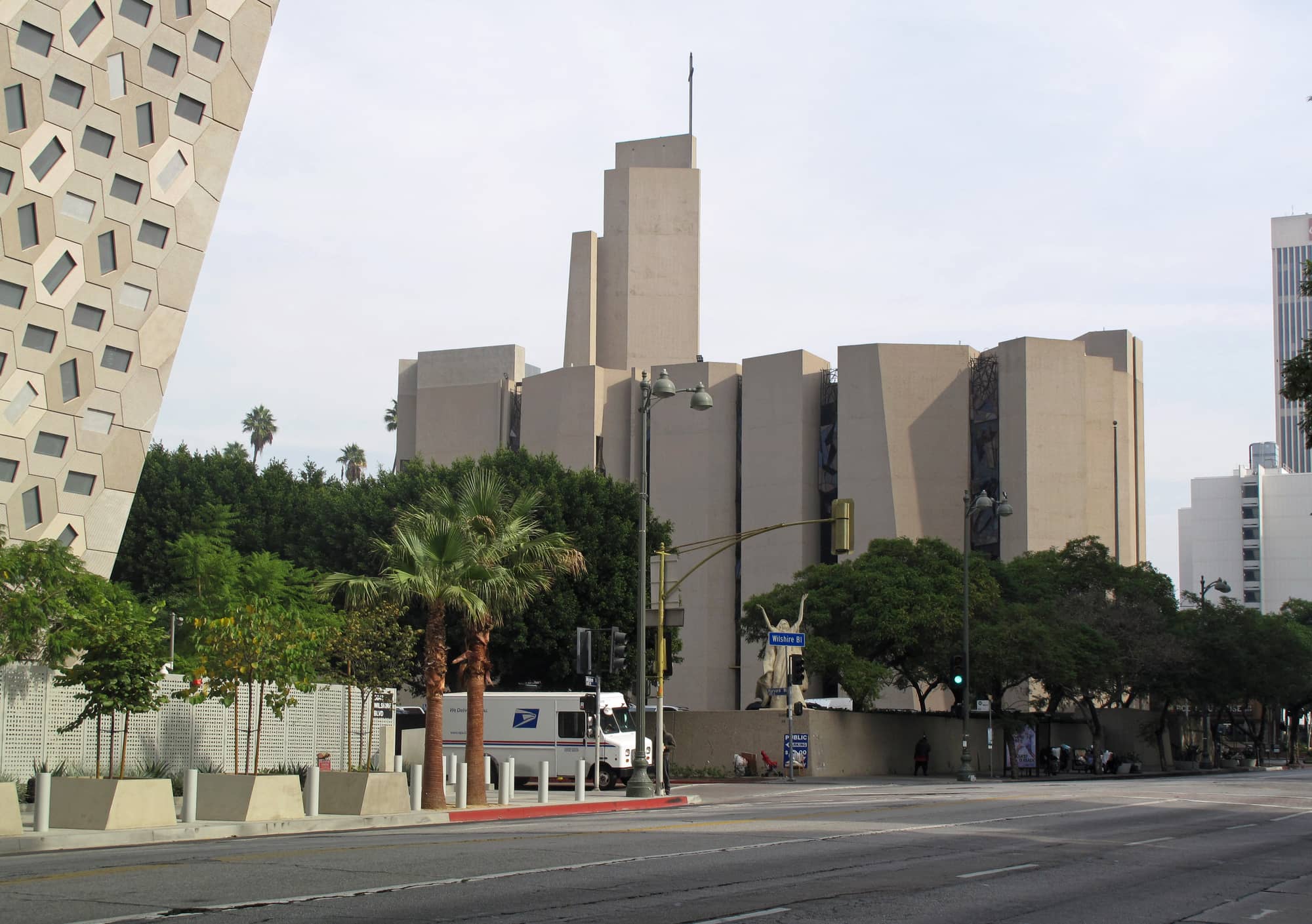 St. Basil Catholic Church on Wilshire Boulevard in Los Angeles, a cluster of tall, angular concrete towers with narrow strips of stained glass between them