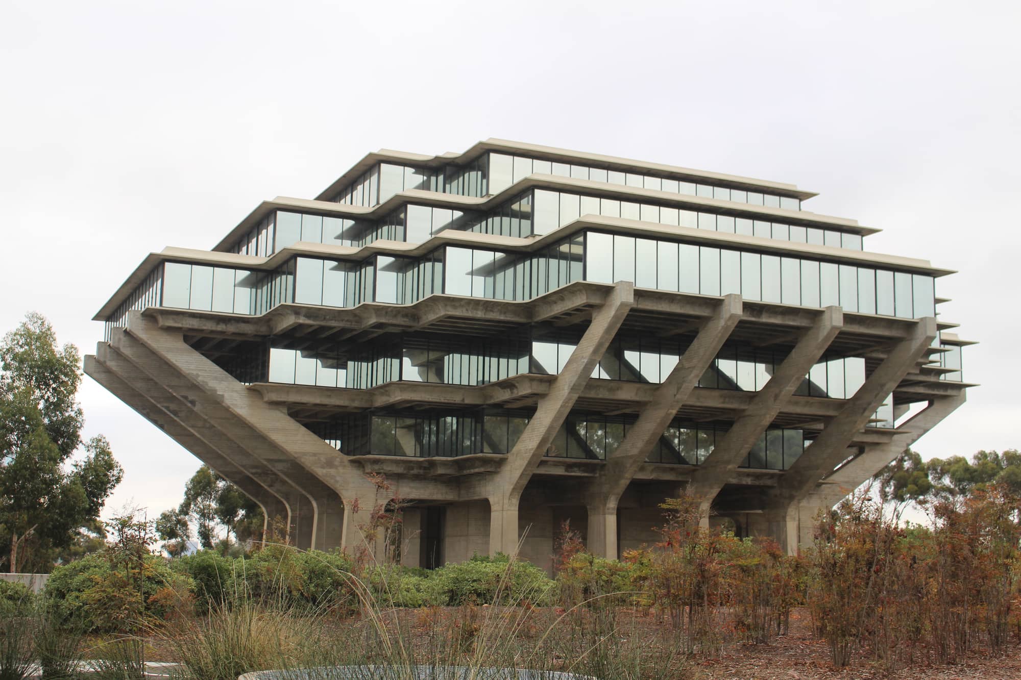 Geisel Library at UC San Diego, a faceted concrete building whose upper floors spread outward over a narrow base, among eucalyptus trees