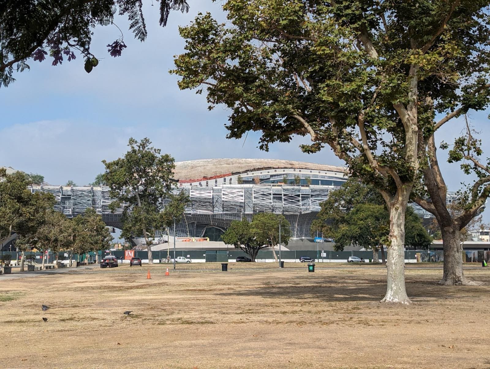 The Lucas Museum of Narrative Art in August 2023, seen across a dry Exposition Park lawn under large sycamores, its long elevated body still clad in grey truss framing and white bracing